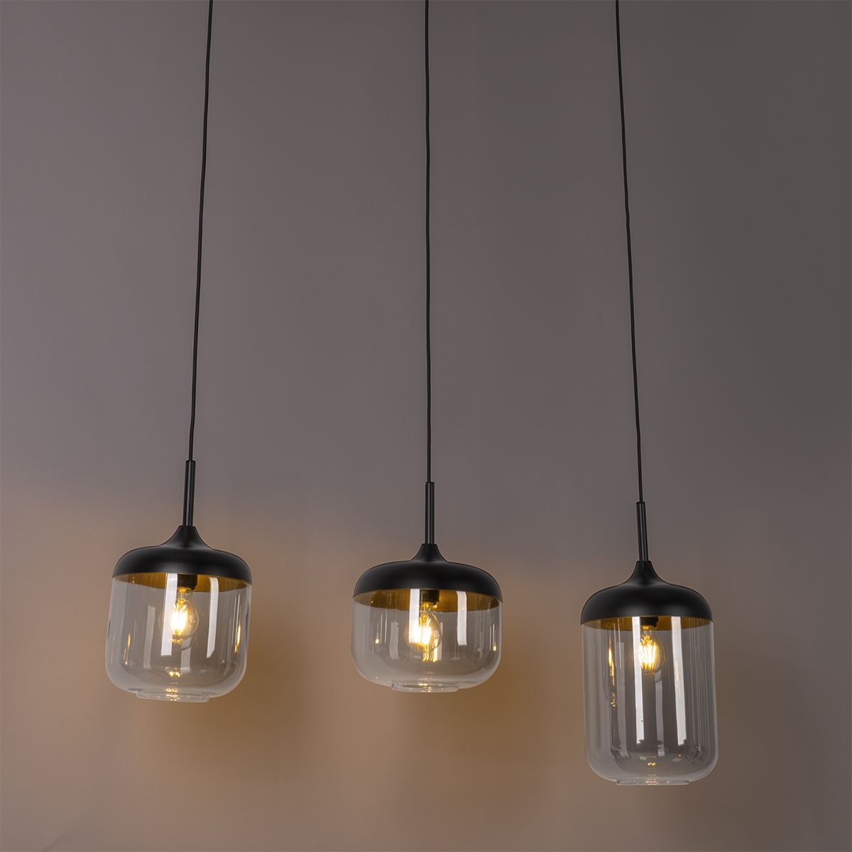 Design hanglamp zwart met goud en smoke glas 3-lichts - Kyan