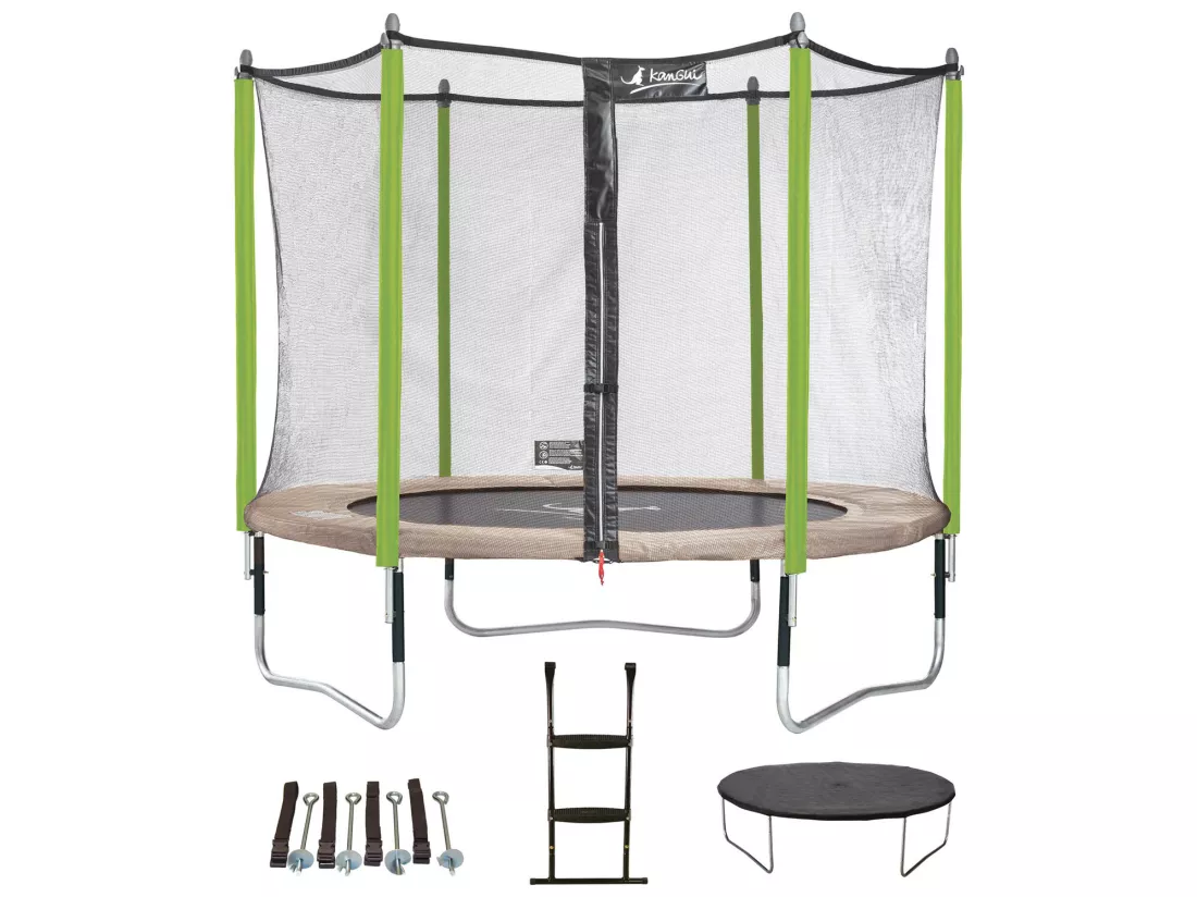 Kangui - Trampoline de jardin 305 cm + filet + échelle + bâche + kit d'ancrage JUMPI Taupe/Vert