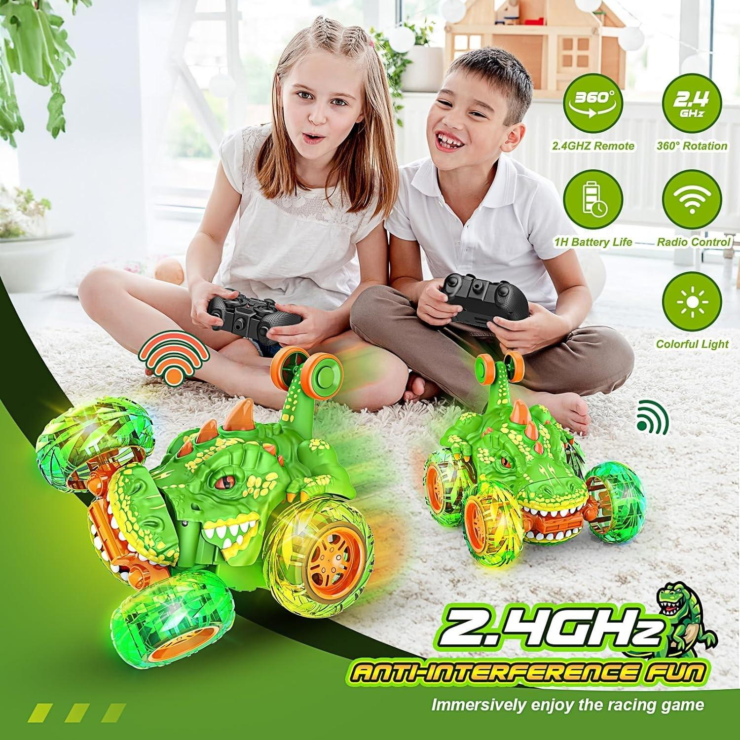 (13cm) Ferngesteuertes 2.4GHz RC Spielzeug Auto Stunt Offroad Car mit 360° Drehung   LED Licht - Dinosaurier