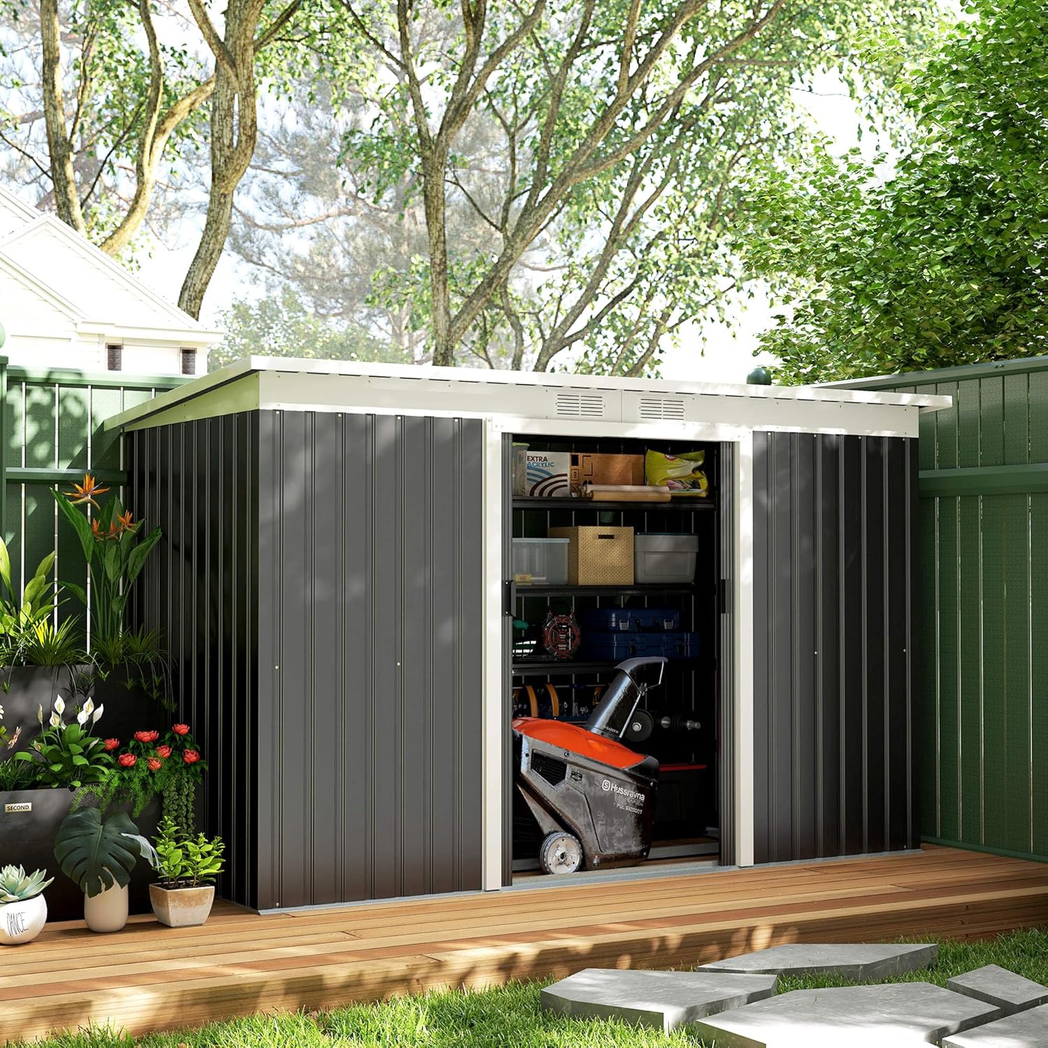 Outsunny Metall Gerätehaus 6,3m³ 280x130x172cm Geräteschuppen mit Pultdach Schiebetür wetterfest Gartenhaus Outdoor Garten Schuppen Schrank für Hinterhof Außenbereich Anthrazit, Dunkelgrau