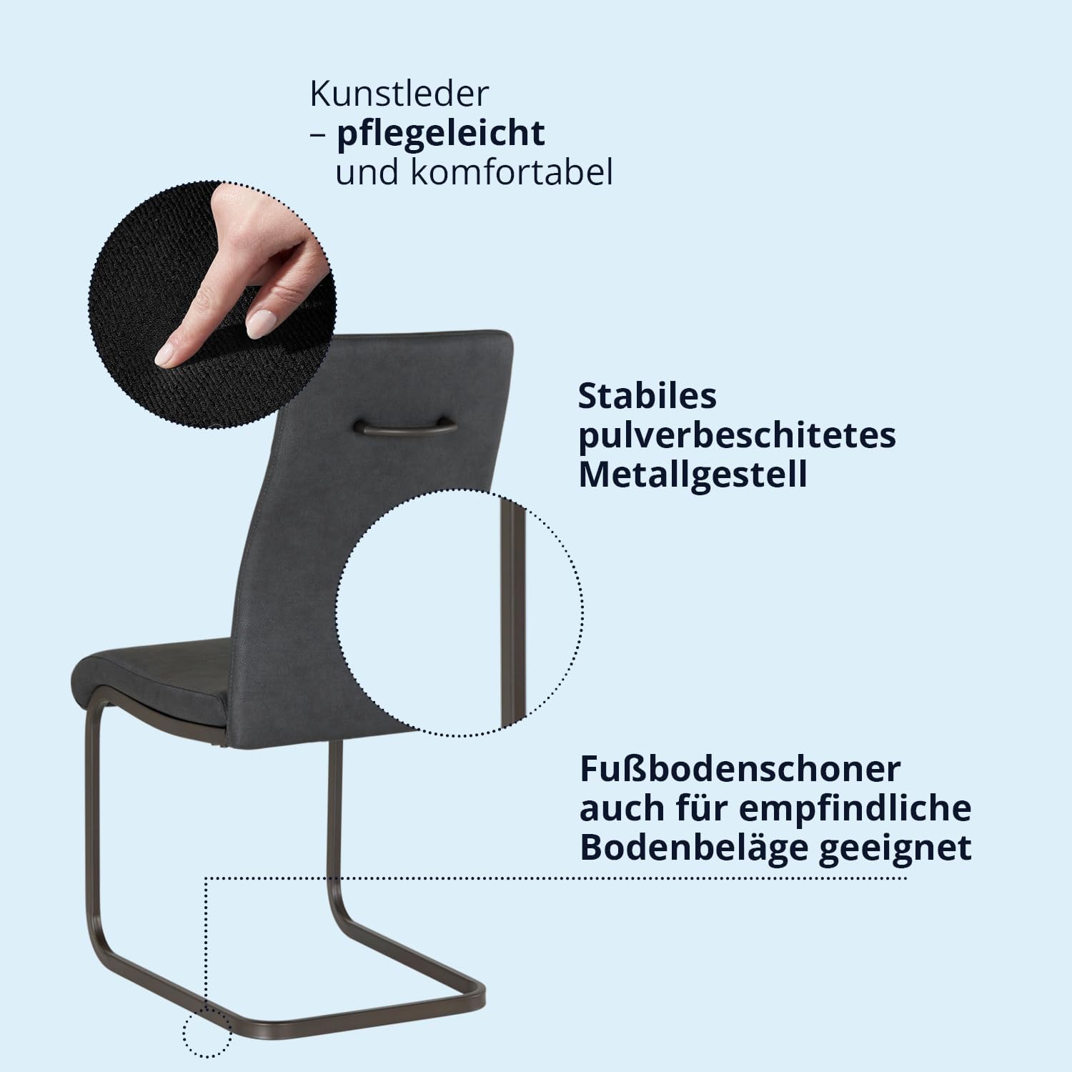 KHG 4er Set Esszimmerstühle Schwingstuhl Polsterstuhl Küchenstuhl Kunstleder Anthrazit - Design Stuhl Sitzhöhe 48 cm - Freischwinger mit Griff, für Esszimmer, Büro, Küche