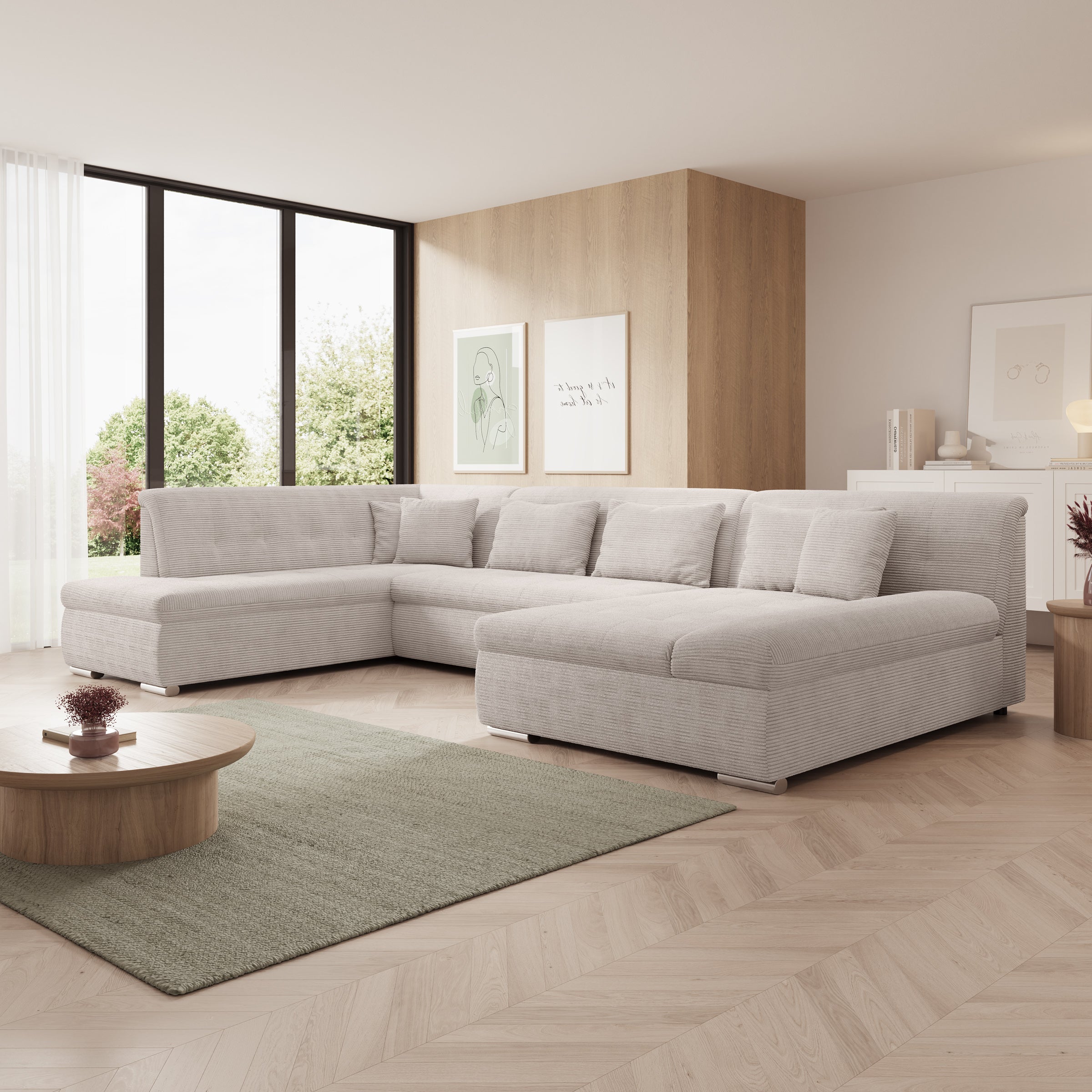Alberta XL - Hoekbank 5-zits met slaapfunctie - Ribstof beige - Rechts - 346x207x80 cm
