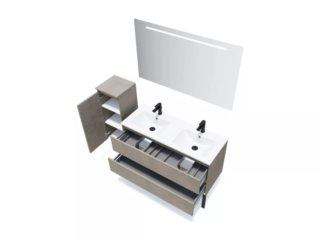 Meuble de salle de bain suspendu double vasque intégrée 120cm 2 tiroirs façon Béton - Hudson