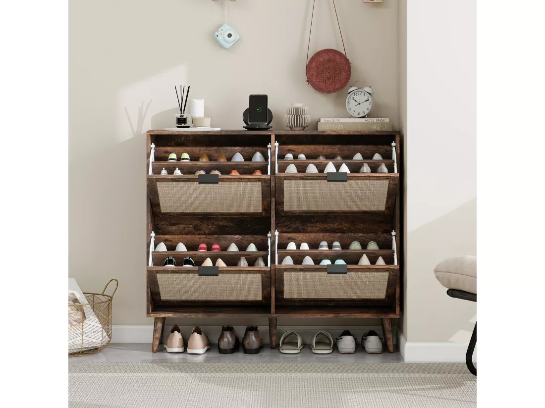 Meuble à chaussures rétro marron à 4 portes, look en rotin, double étagère, 105 cm, avec fond arrière, idéal pour couloir et espaces similaires