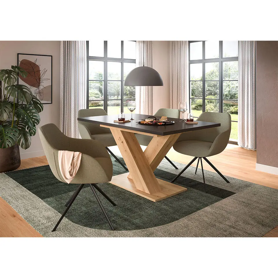Hioshop Motion eetkamertafel X-poot 90x150/190cm incl 1 verlengblad grijs- eik