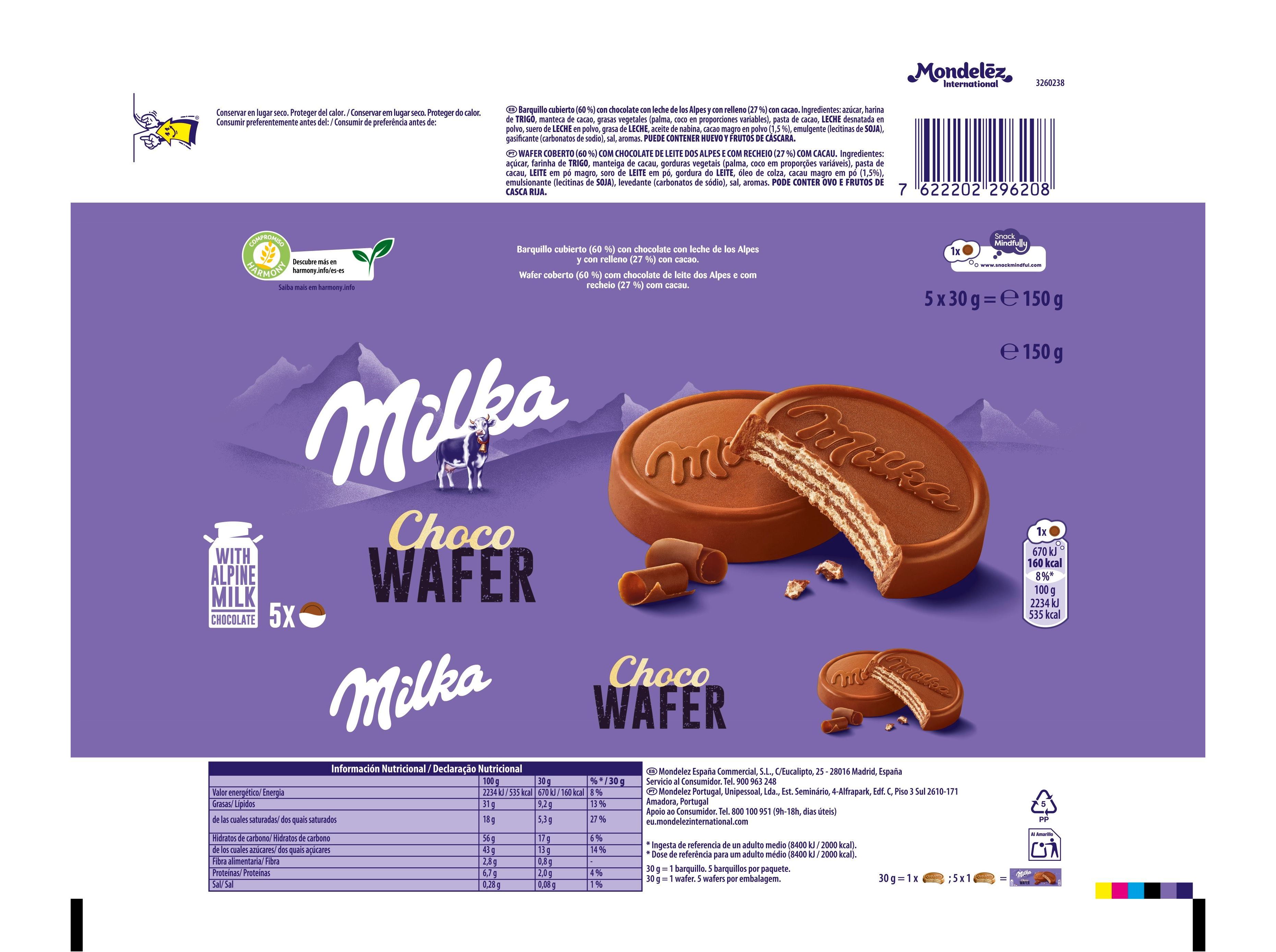 BOLACHA WAFER MILKA CHOCOLATE LEITE 150G