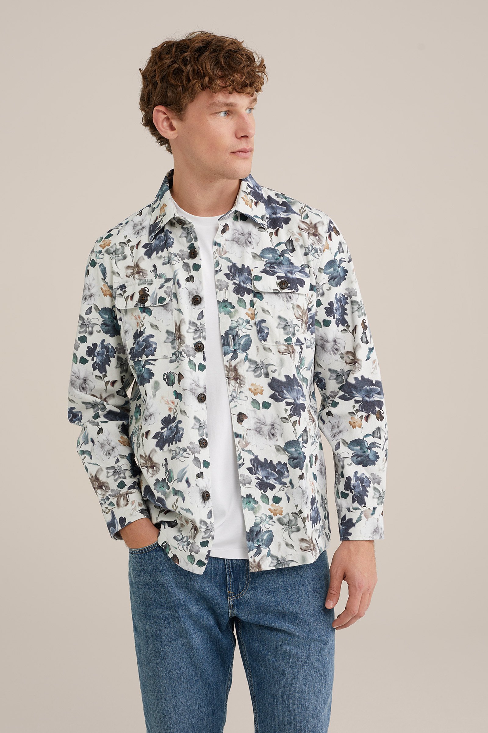 denim overshirt met dessin WE Fashion Gebroken wit