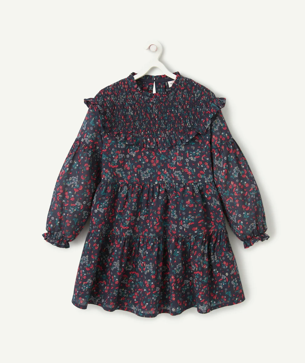 ROBE FILLE EN COTON BLEU MARINE IMPRIMÉE FLORAL ROUGE ET VERT