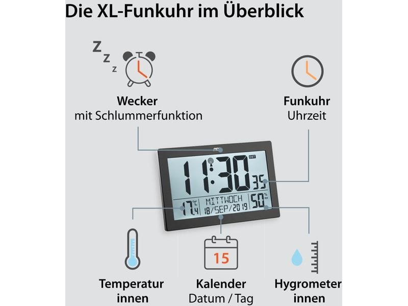 ADE Funk-Wanduhr XL, Schwarz Wecker mit digitaler Anzeige