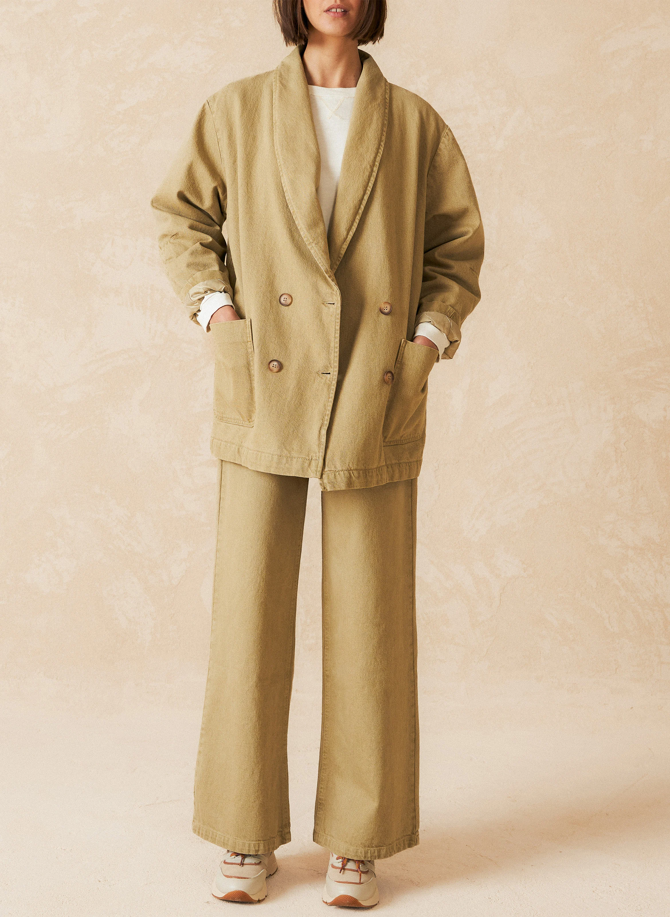 Veste ample col châle en coton et lin | Vert