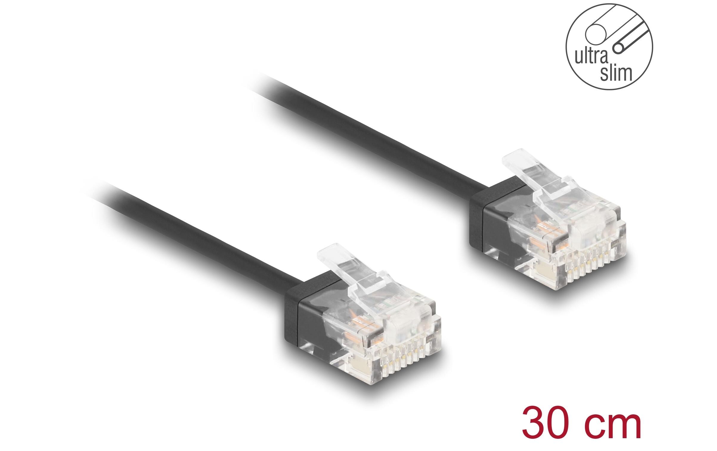 Patchkabel Cat 6, UTP, 0.3 m, SchwarzDelock RJ45 Netzwerkkabel Cat.6 UTP Ultra Slim 0.3 m schwarz mit kurzen Steckern