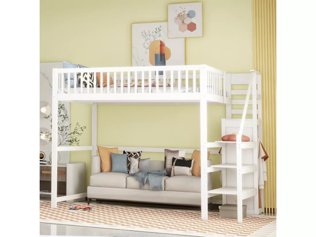 Lit mezzanine 140 x 200 cm avec armoire et escalier - bois massif et MDF - blanc (sans matelas)