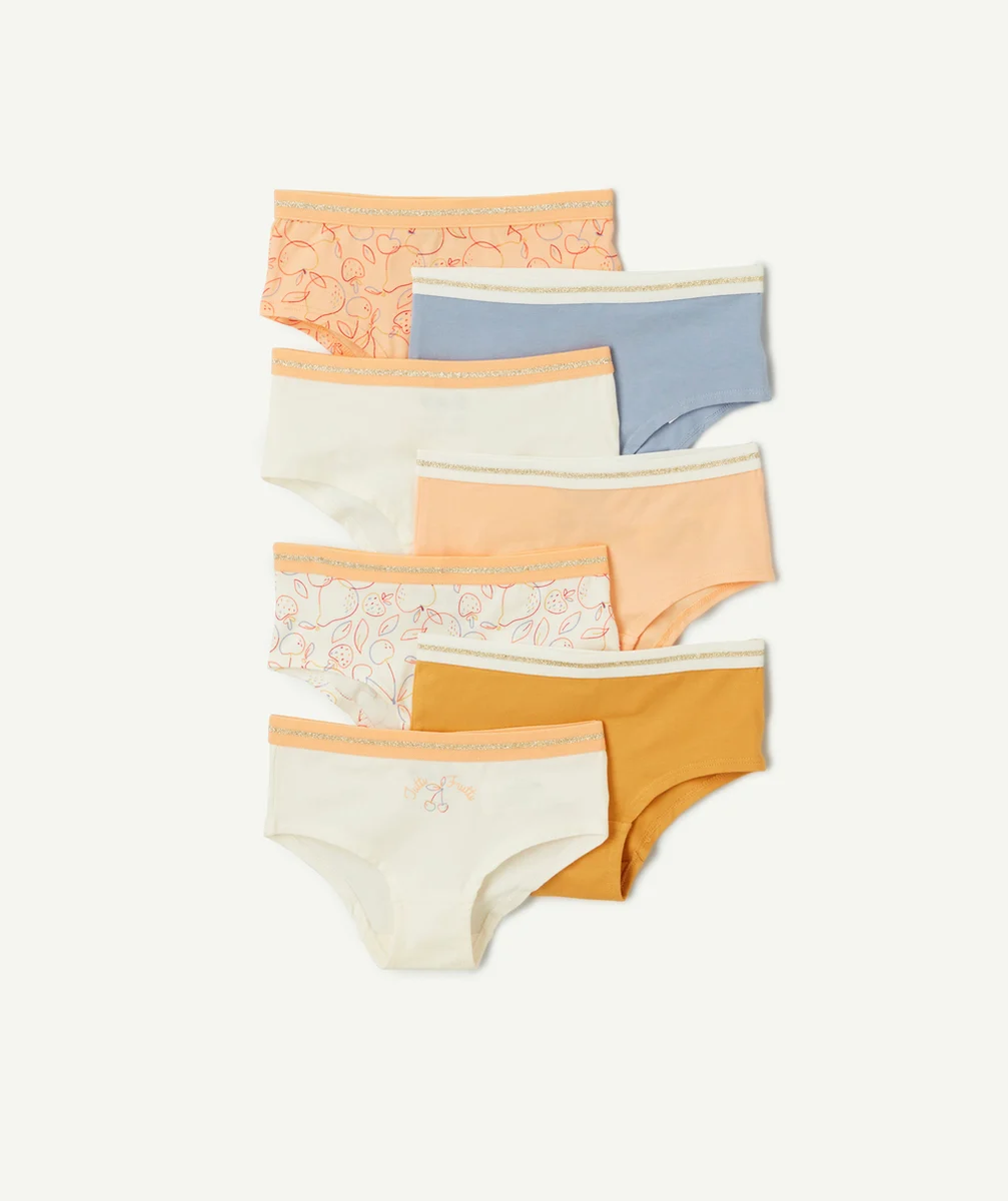 LOT DE 7 SHORTIES FILLE 100% COTON ORANGE ÉCRU BLEU ET JAUNE