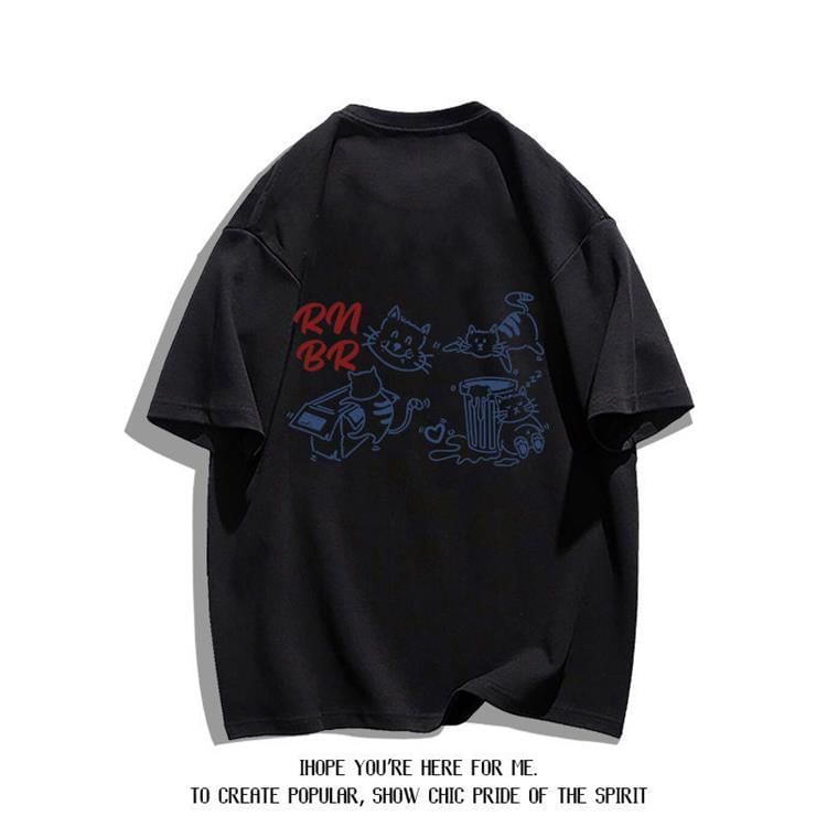 Bay Go Mall - T-shirt met ronde hals en kattenprint, met elleboogmouwen
