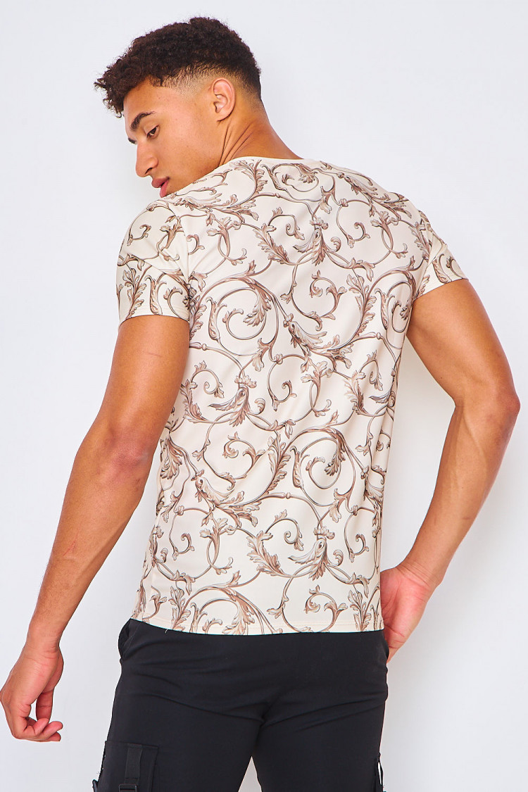 T-shirt beige à imprimé baroque