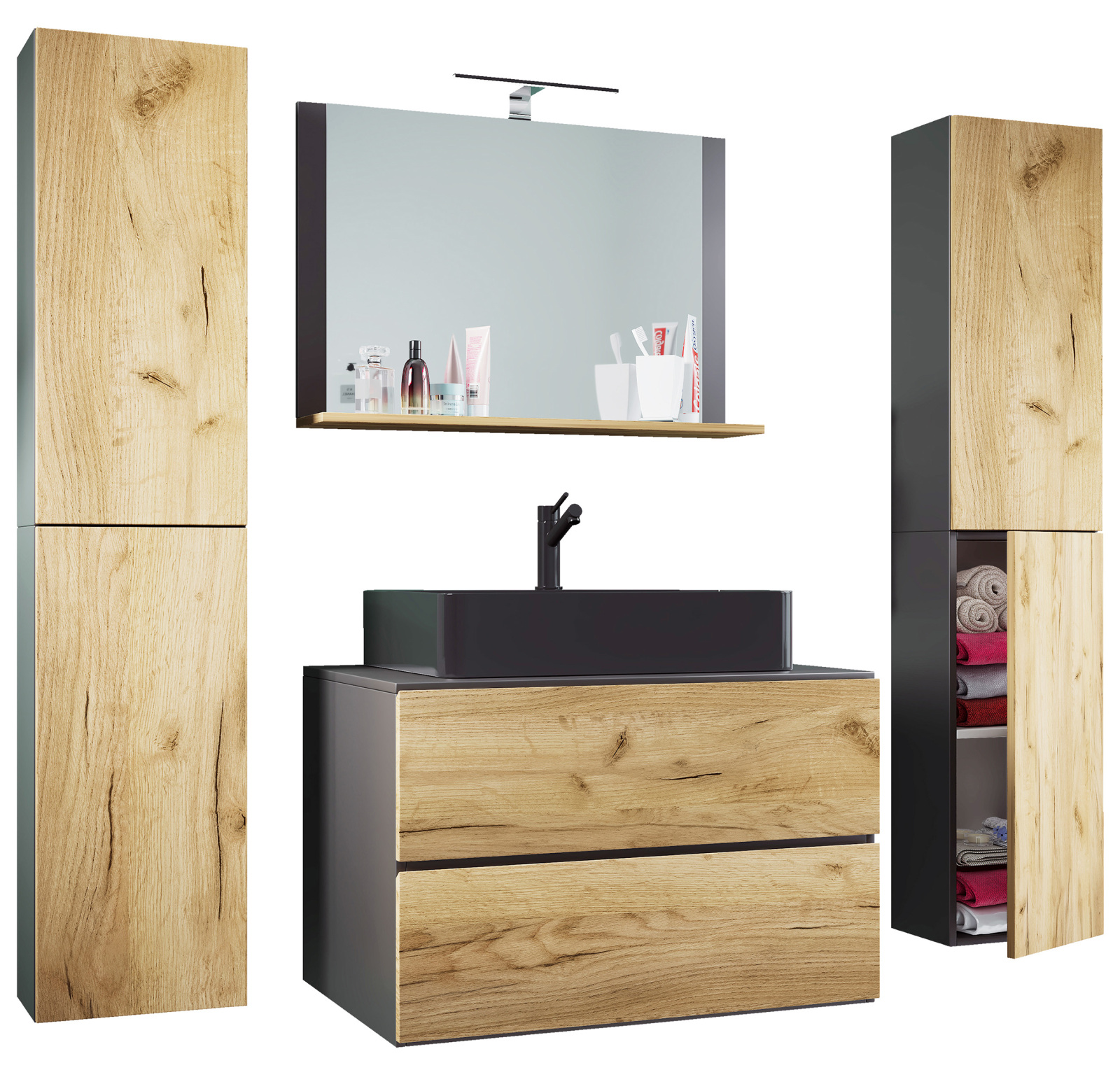 5-teiliges Badmöbel-Set LENDAS BL XL - Honig Eiche - anthrazit - 60 cm