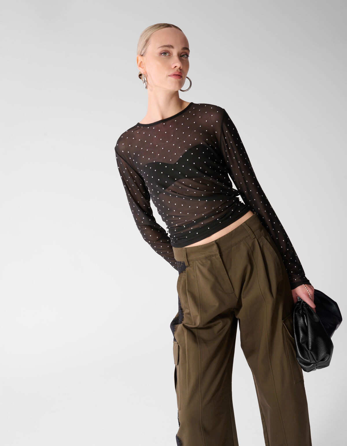 Studded Mesh Top Zwart