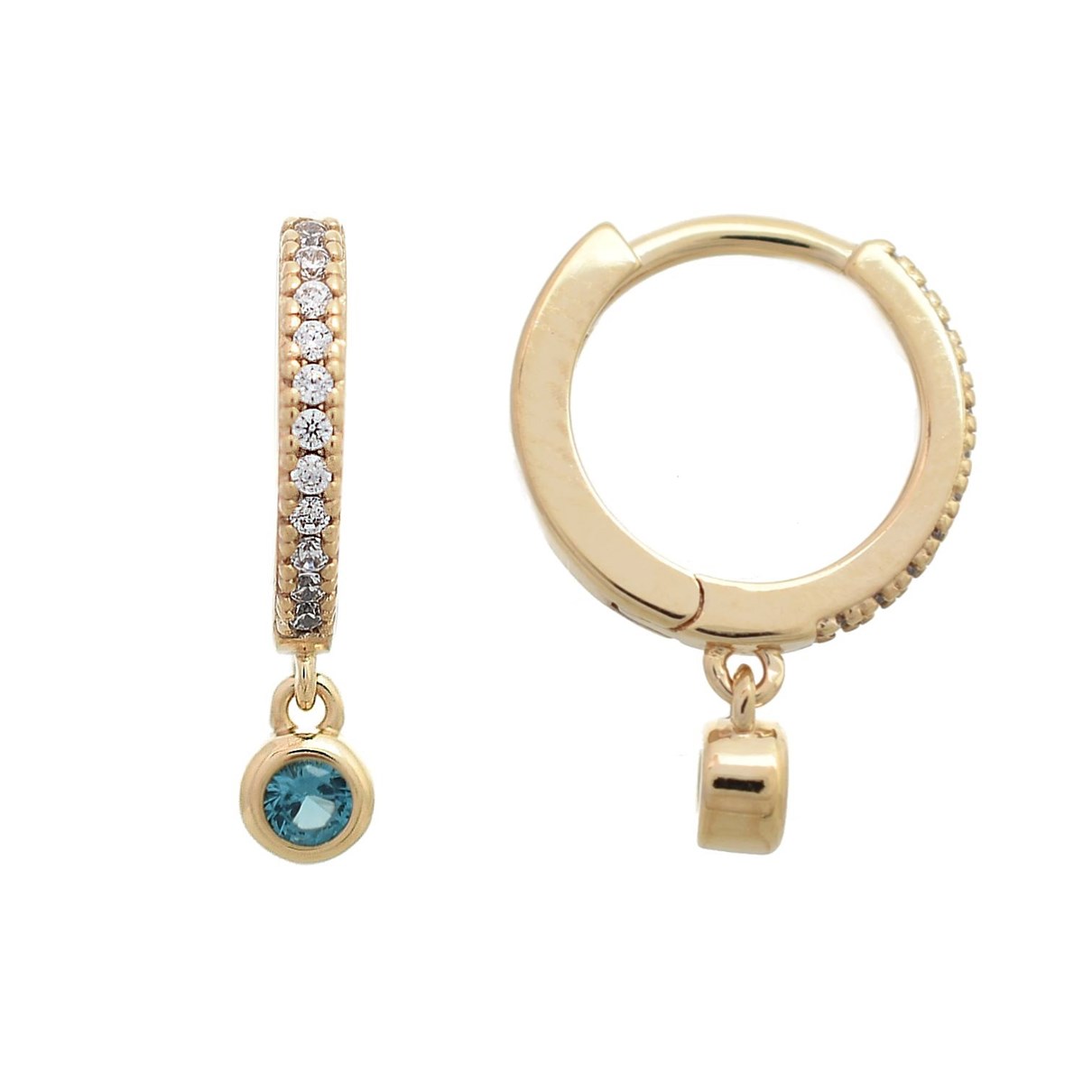 Boucles d'oreilles mini créole sertie d'oxyde de zirconium bleu vert Plaqué or 750 3 microns