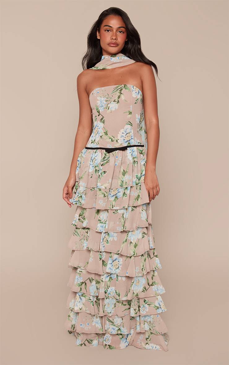 Taupe Robe Longue À Volants Étagés Et Bandeau En Mousseline À Imprimé Fleuri