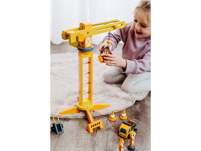 small foot Baukran mit Baustellenzubehör Umfangreiches Spielset aus Holz mit grossem Kran und viel Zubehör