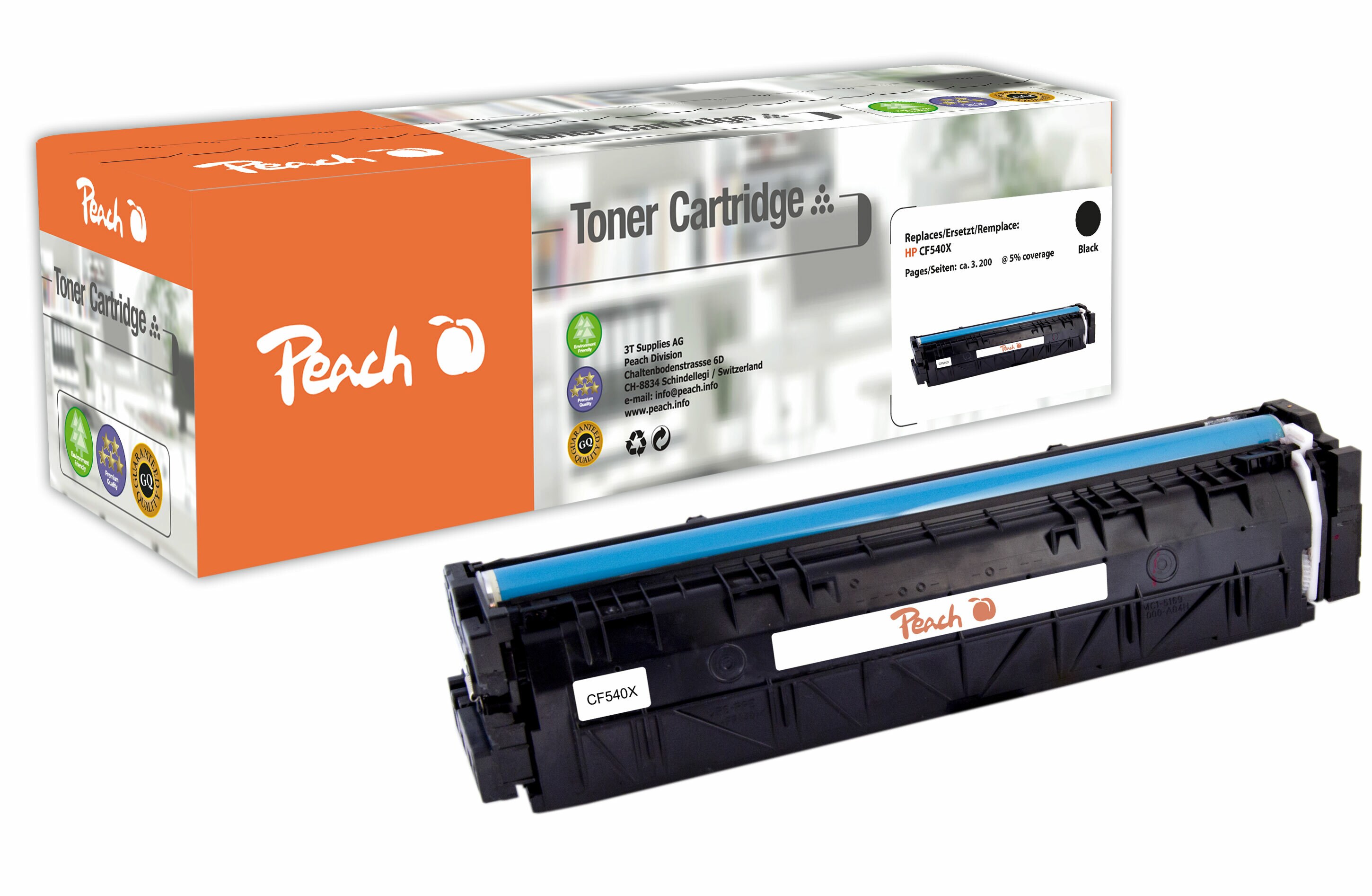 Peach HP 203 XBK Toner XL bk ersetzt HP No. 203X BK, CF540X für z.B. HP Color LaserJet Pro MFP M 281 fdw, HP Color LaserJet Pro M 254 dnw (wiederaufbereitet)