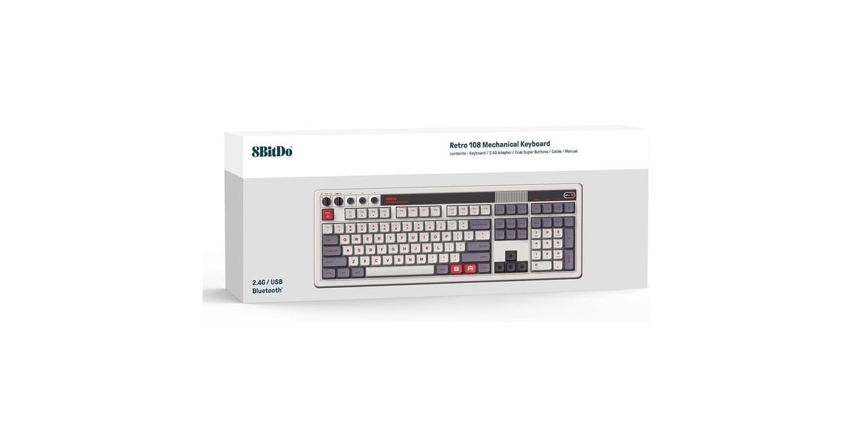 8BitDoRetro Mechanical Keyboard N Edition, gaming toetsenbord  (Grijs/donkerrood, US lay-out, Kailh Box White, Bluetooth Low Energy, Wireless 2.4G, USB)