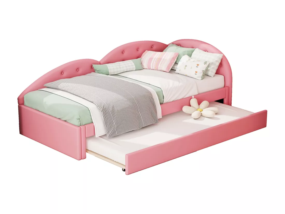 Lit banquette 90x200cm en similicuir + lit gigogne 80x190cm - Rose