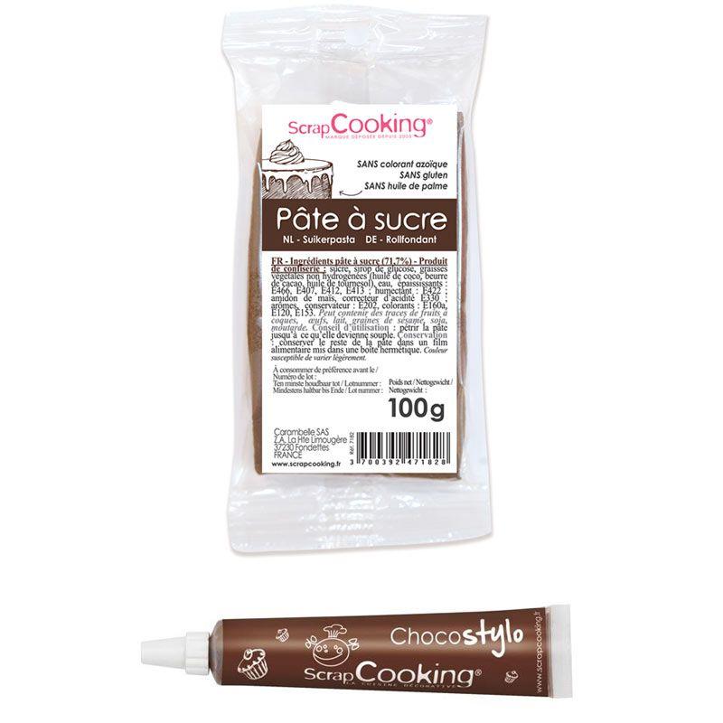 Stylo chocolat + Pâte à sucre marron 100 g Scrapcooking