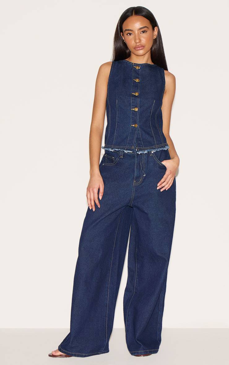 Bleu Indigo Gilet Long Ajusté Sans Manches En Denim Petite