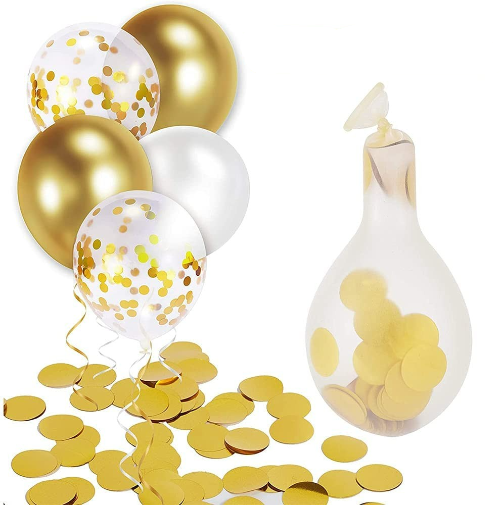 (70er Set) Party Deko Ballons Latex Luftballons mit Konfetti - Gold / Weiss