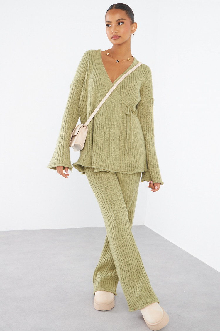 Ensemble 2 pièces gilet croisé + pantalon vert en maille