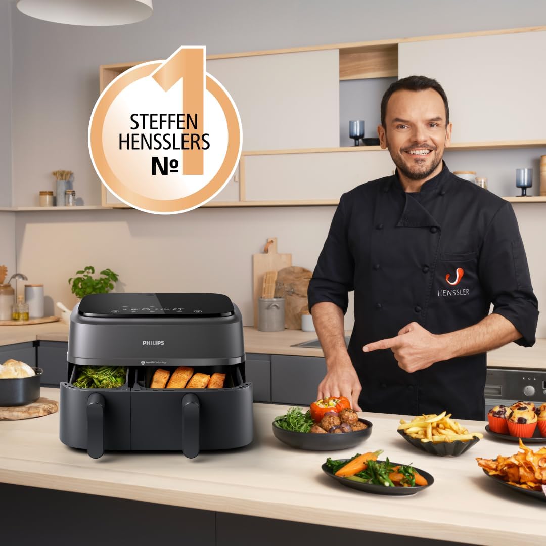 Philips Airfryer Dual Basket 3000 Series Heißluftfritteuse, 9L, 2 Körbe, 2 Gerichte gleichzeitig, RapidAir Plus Technologie, 90% weniger Fett, Energieeffizient, HomeID App (NA350/00)