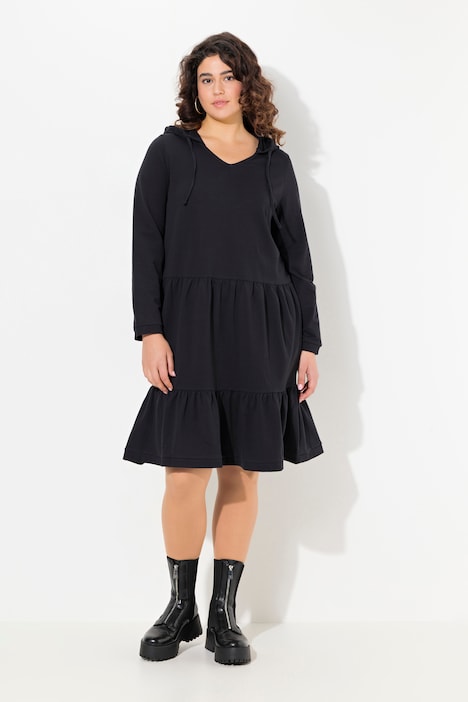 Sweatkleid, Kapuze, A-Linie, V-Ausschnitt, Langarm