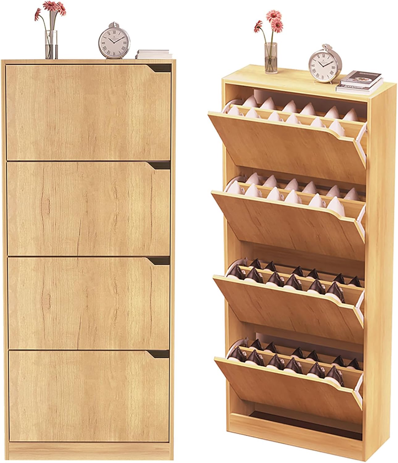 WAOHO Klappbare Schuhregale，Schuhschrank 4 Klappen ，Schuhaufbewahrung，Schuhregal，Schuhkipper, Schuhschränke，Kippsicherung,schuhkipper schmal 150×63×24cm