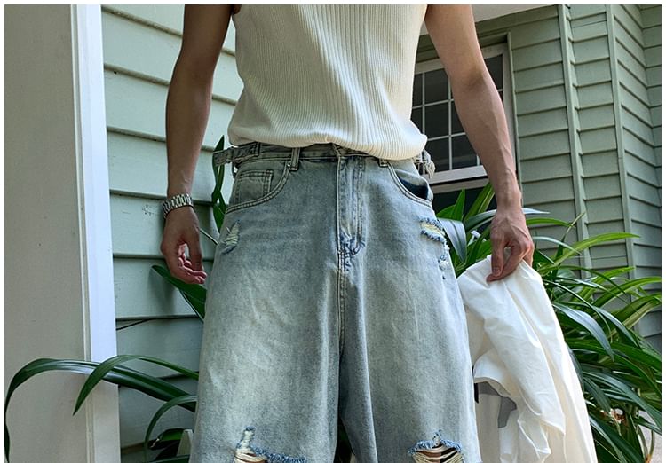 GRAYCIOUS - Mid Rise Washed Distressed Wide Leg Jorts