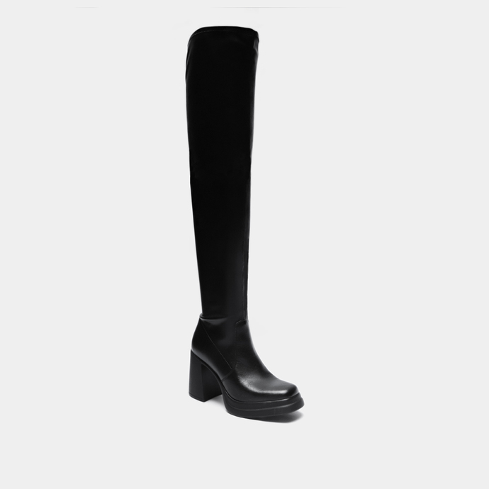 Bottes à plateformes et bouts carrés  en cuir et stretch noir