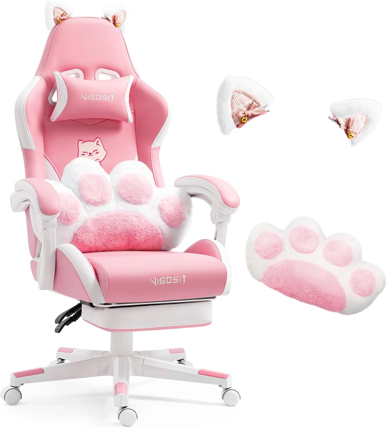 Cute Gaming Stuhl mit Katzenpfote Lendenkissen und Katzenohren, Ergonomischer Gamer Stuhl mit Fußstütze, Verstellbarer PC-Spielesessel für Mädchen, Teenager, Kinder, Pink