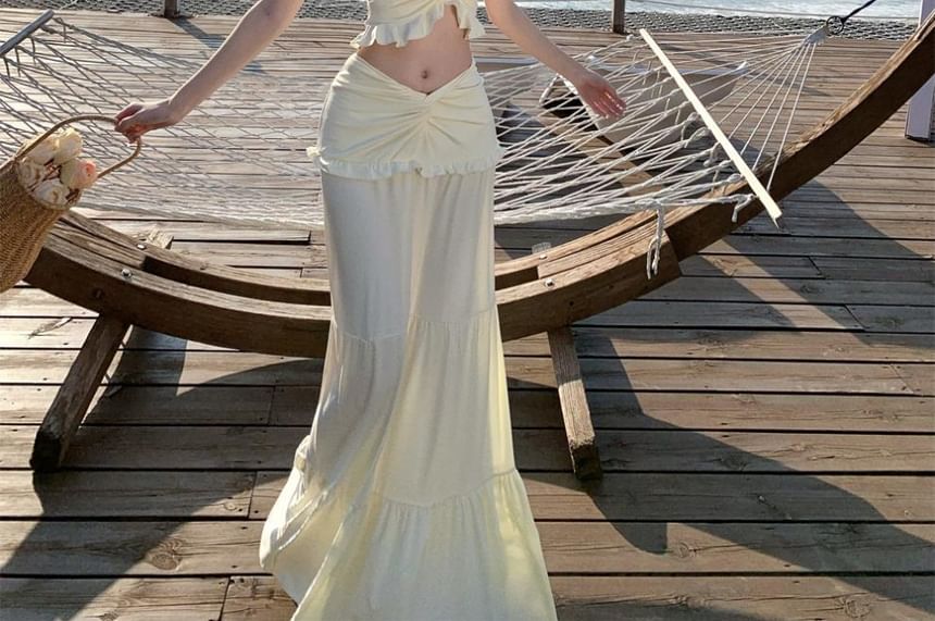 Egsy - Set: Halter V-hals Effen Ruffle Crop Top + Mid Waist Tiered Ruched Maxi A-lijn Rok