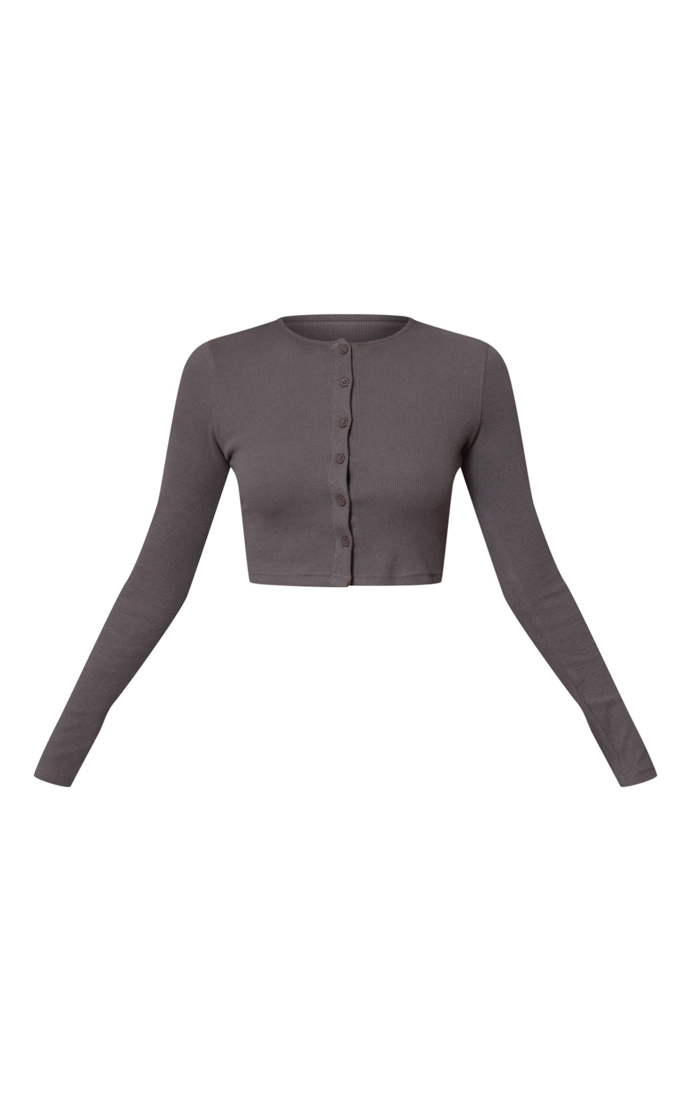 Charcoal Grey Cardigan Boutonné En Maille Côtelée Brossée