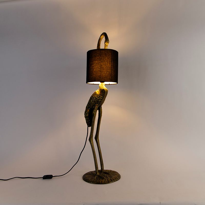 Vintage vloerlamp messing stoffen kap zwart - Animal Kraanvogel
