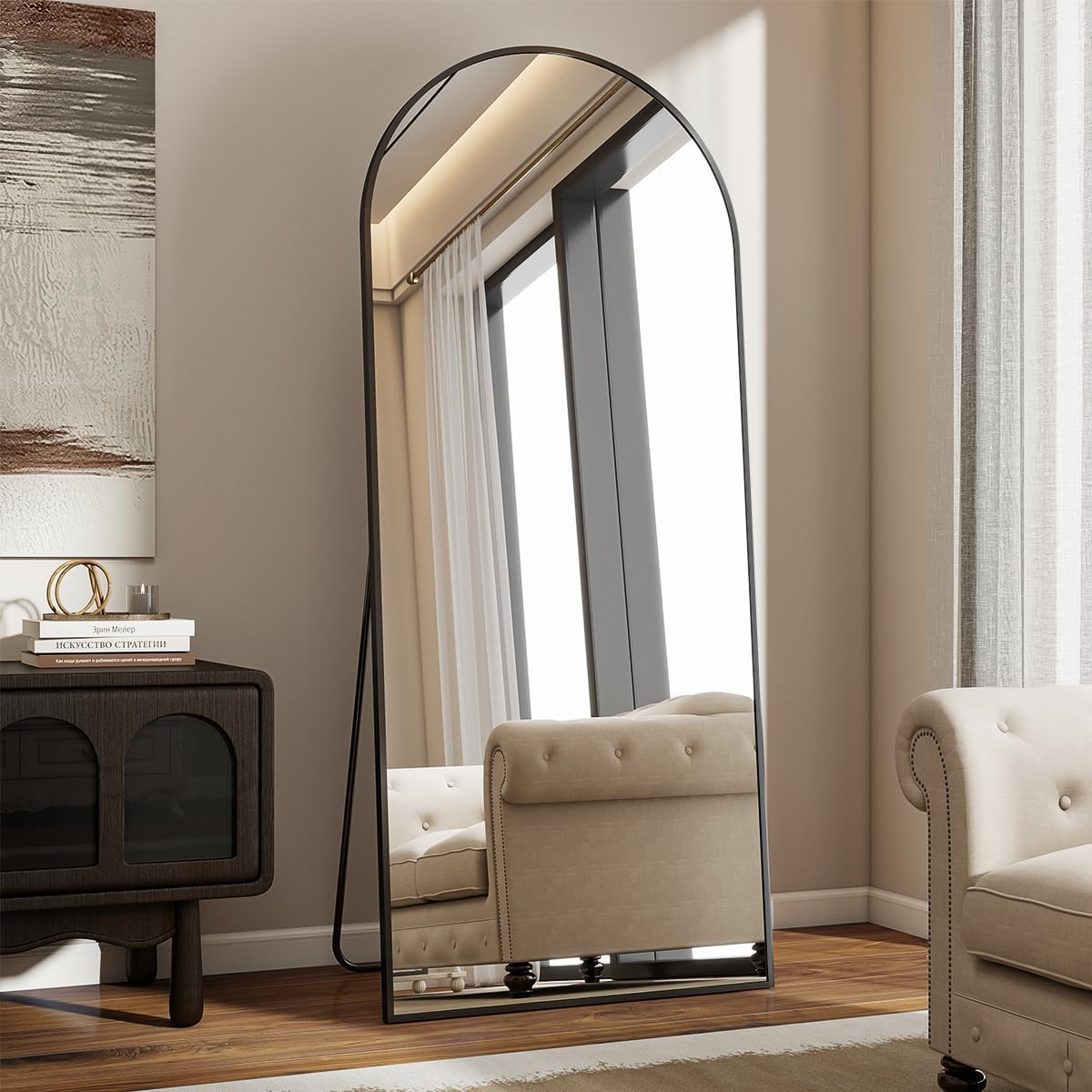 BEAUTYPEAK 181x63 cm Großer Bogen Ganzkörperspiegel, Gewölbter Standspiegel hängend oder lehnend an die Wand, groß Bodenspiegel mit Ständer für Schlafzimmer, Wohnzimmer oder Ankleidezimmer, Schwarz