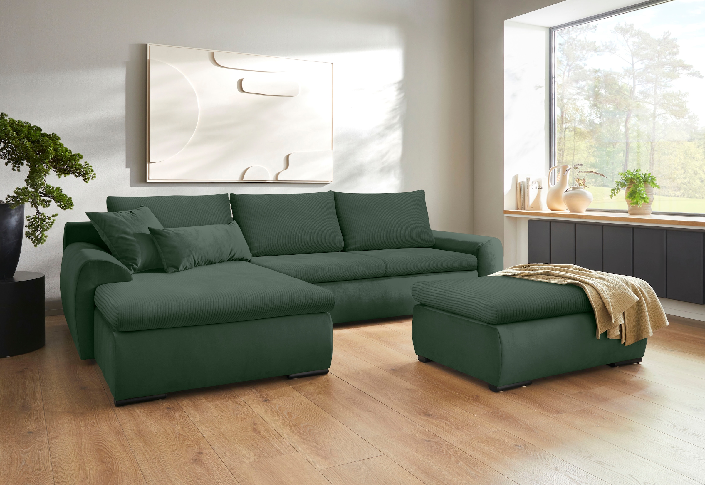 Home affaire Ecksofa »Win, L-Form,  Breite 285cm« optional mit Schlaffunktion und Bettkasten, dunkelgrün, Cord