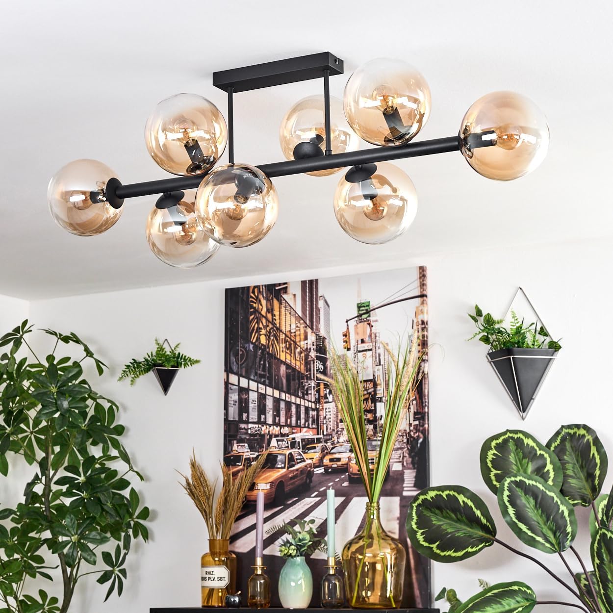 HOFSTEIN Deckenleuchte Gastor, 8-flammige Deckenlampe aus Metall/Glas in Schwarz/Bernstein/Klar, Leuchte im Retro/Vintage-Design (Schirme Ø 15 cm), E14, Esszimmer, Wohnzimmer, Schlafzimmer, Küche