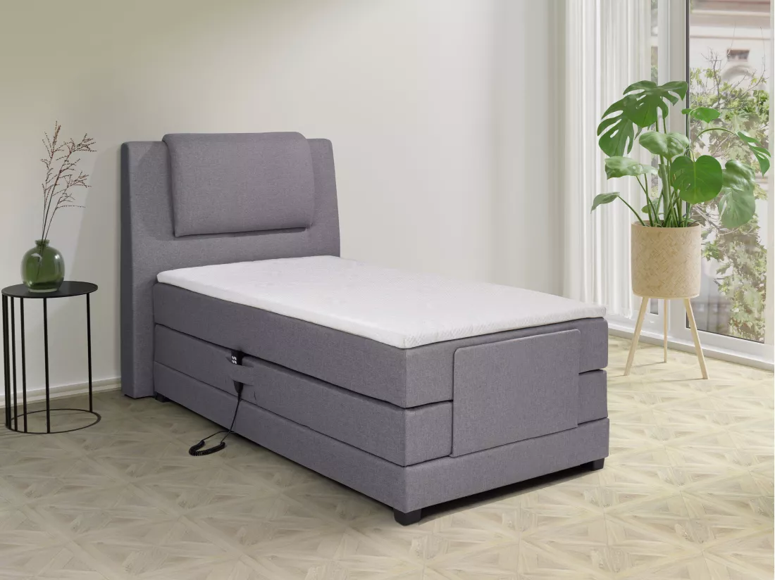 Ensemble complet boxspring tête de lit + sommiers relaxation électrique + matelas + surmatelas - 100 x 200 cm - Tissu - Gris clair - CASTEL II de PALACIO