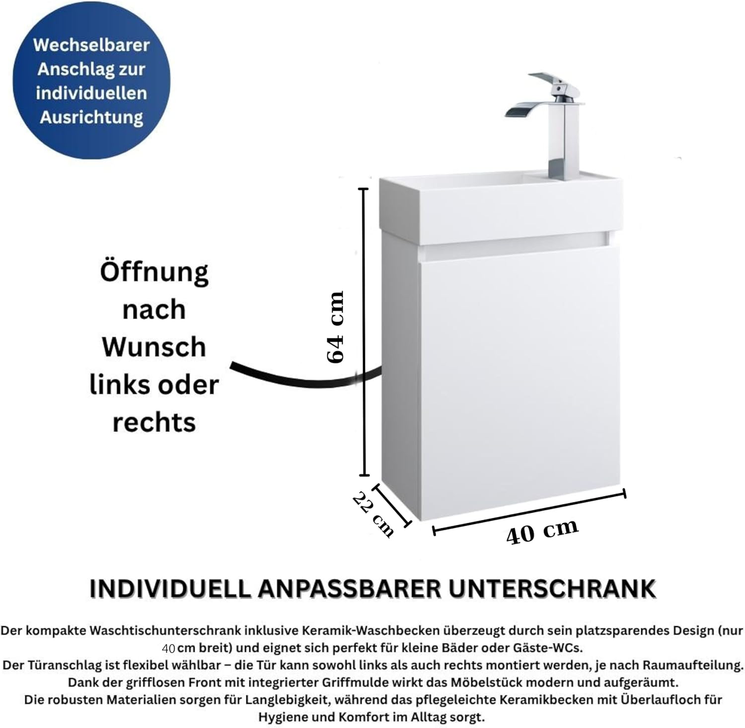 Faizee Home Badmöbel Set Weiß – Waschbeckenunterschrank mit Keramik Waschbecken & Armatur – Kompakter Badezimmerschrank Badschrank ohne Spiegel für Gäste WC & kleine Bäder