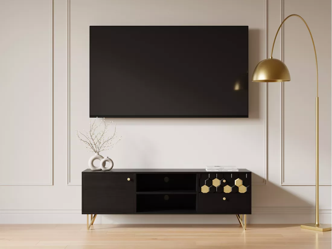 Meuble TV avec 1 porte, 2 tiroirs et 2 niches en bois de manguier et métal - Noir et Doré - BELORI