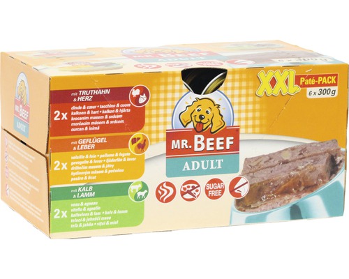 Mr. BEEF natvoer voor honden, patébakjes, 6 x 300 g