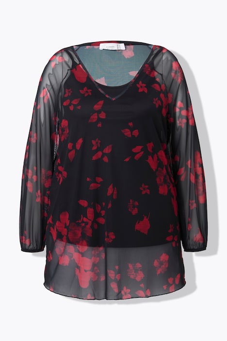 Bluse, Mesh, floraler Print, weiter Langarm