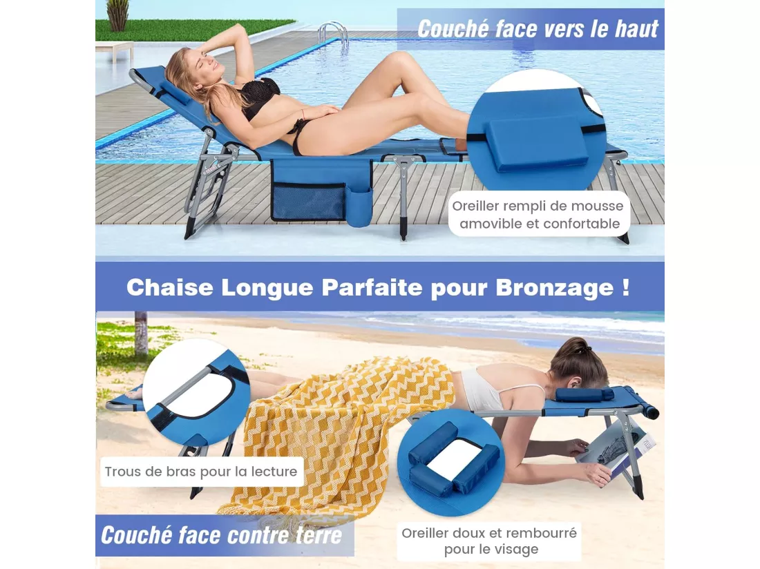 Bain de Soleil en Aluminium avec Dossier Réglable, Chaise Longue Pliante avec Oreiller Amovible et Trou pour Le Visage, Transat avec Poche Latérale, pour Jardin, Plage, Charge 180 KG (Bleu)