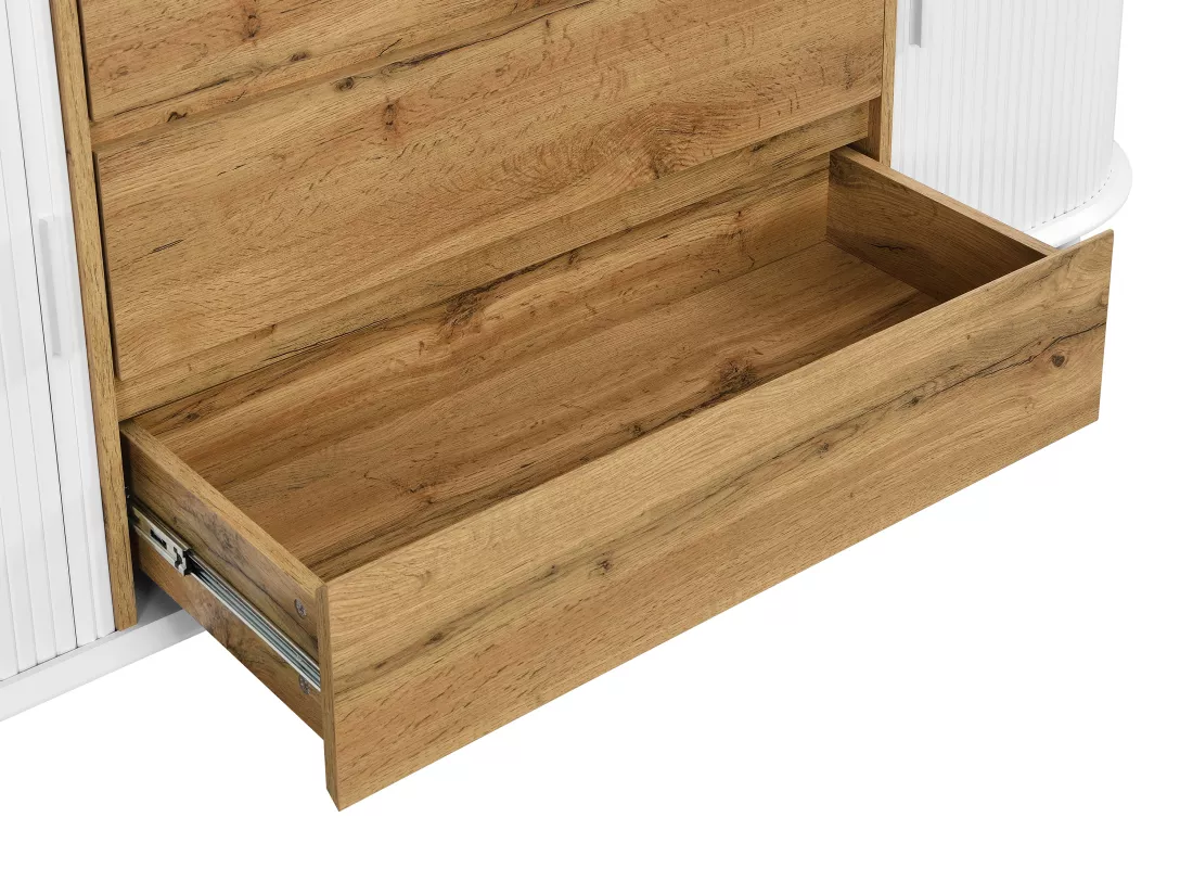Buffet avec 2 portes coulissantes et 3 tiroirs en MDF - Blanc et naturel - VELURANI